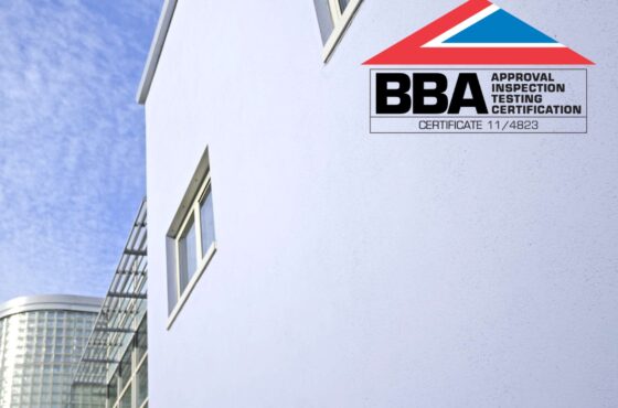 Rendered building with blue colour finish to exterior and windows, blue and BBA certification overlayed on image