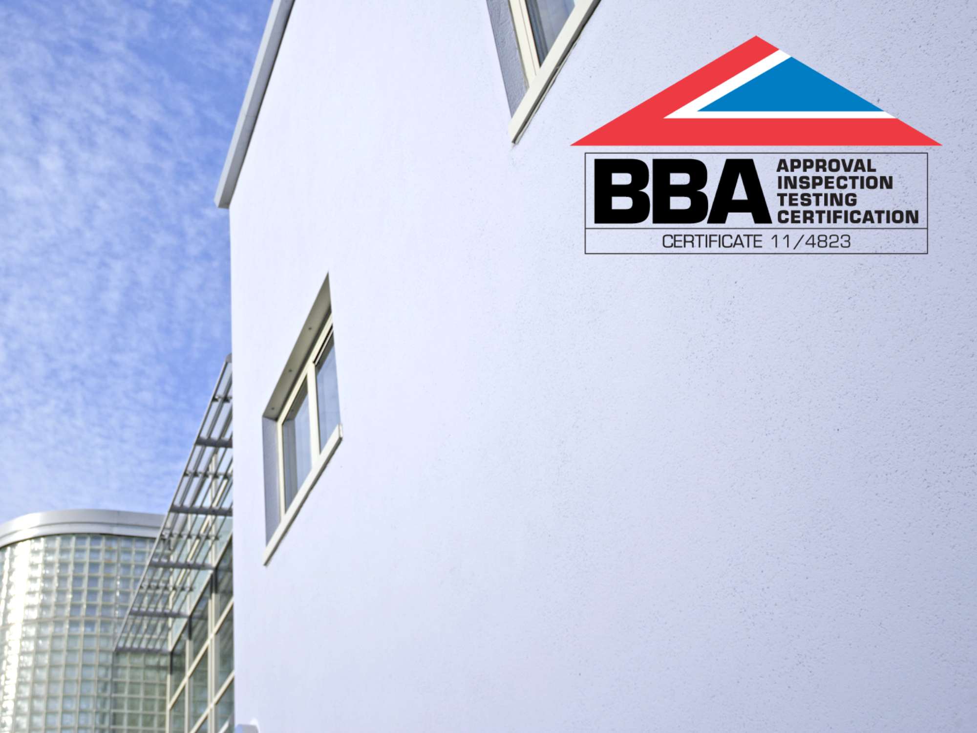 Rendered building with blue colour finish to exterior and windows, blue and BBA certification overlayed on image