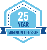 25 year minimum life span icon with blue and white hexagon design with typography to front and banner