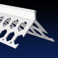 Close up rendered product image of 10mm white PVCu plaster corner bead on black and navy gradient background