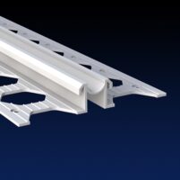 Close up rendered product image of 10mm white expansion joint bead on black and navy gradient background