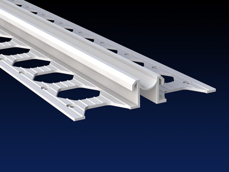 Close up rendered product image of 10mm white expansion joint bead on black and navy gradient background