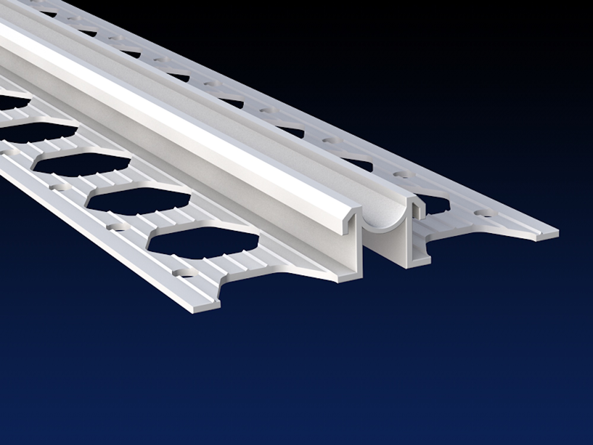 Close up rendered product image of 10mm white expansion joint bead on black and navy gradient background