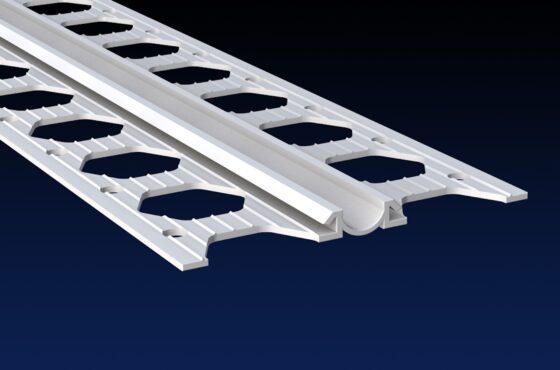 Close up rendered product image of 4mm white expansion joint bead on black and navy gradient background