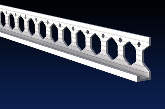 Close up rendered product image of 10mm white PVCu plaster stop bead on black and navy gradient background