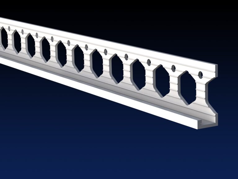 Close up rendered product image of 10mm white PVCu plaster stop bead on black and navy gradient background