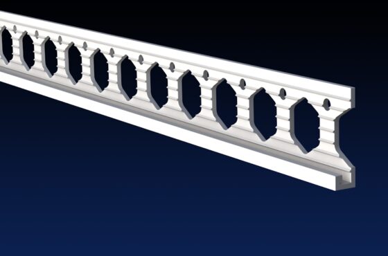 Close up rendered product image of 6mm white PVCu plaster stop bead on black and navy gradient background