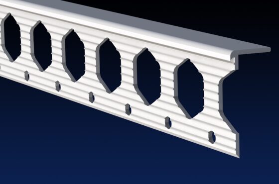 Close up rendered product image of flexible plasterboard edge bead, on black and navy gradient background