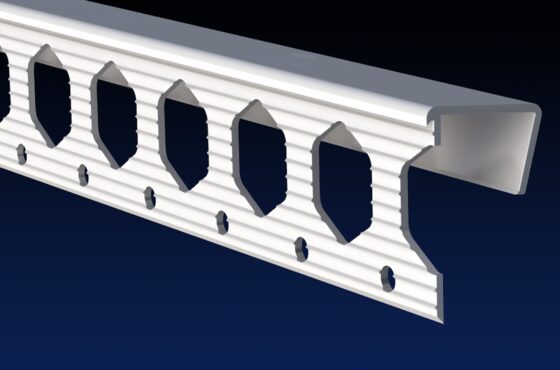 Close up rendered product image of 12.5mm white plasterboard edge bead, on black and navy gradient background
