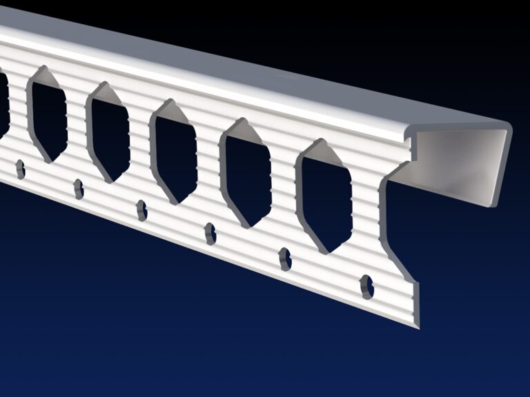 Close up rendered product image of 12.5mm white plasterboard edge bead, on black and navy gradient background