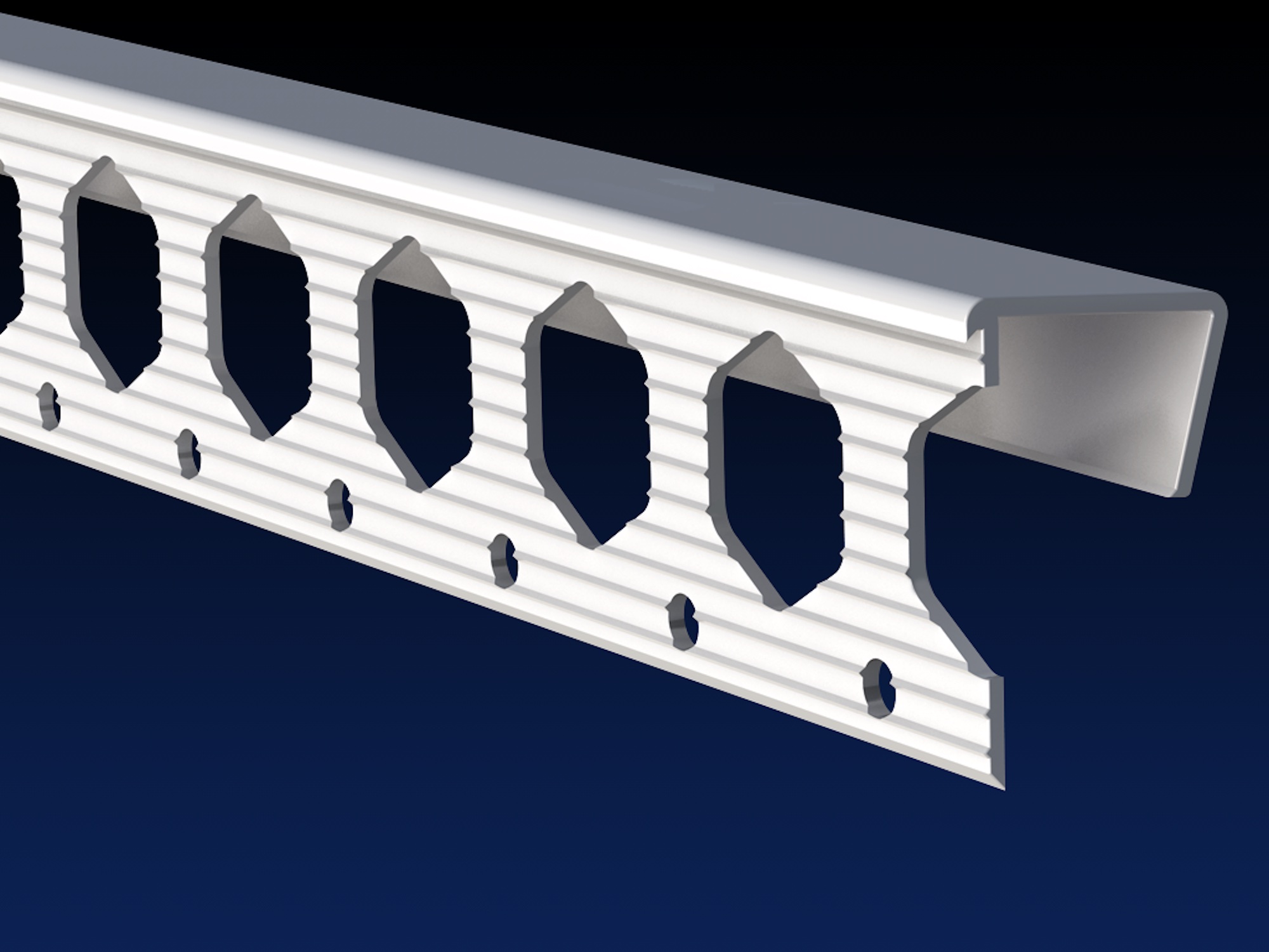 Close up rendered product image of 12.5mm white plasterboard edge bead, on black and navy gradient background