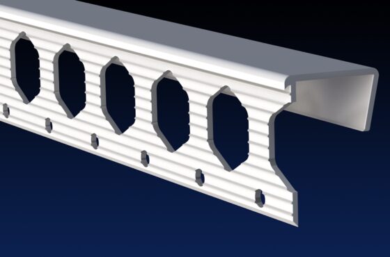 Close up rendered product image of 15mm plasterboard edge bead, on black and navy gradient background