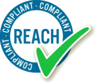 Reach compliance circle logo, navy blue and white with typography and green tick