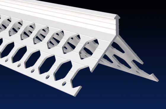 Close up rendered product image of 10mm white PVCu render corner bead on black and navy gradient background