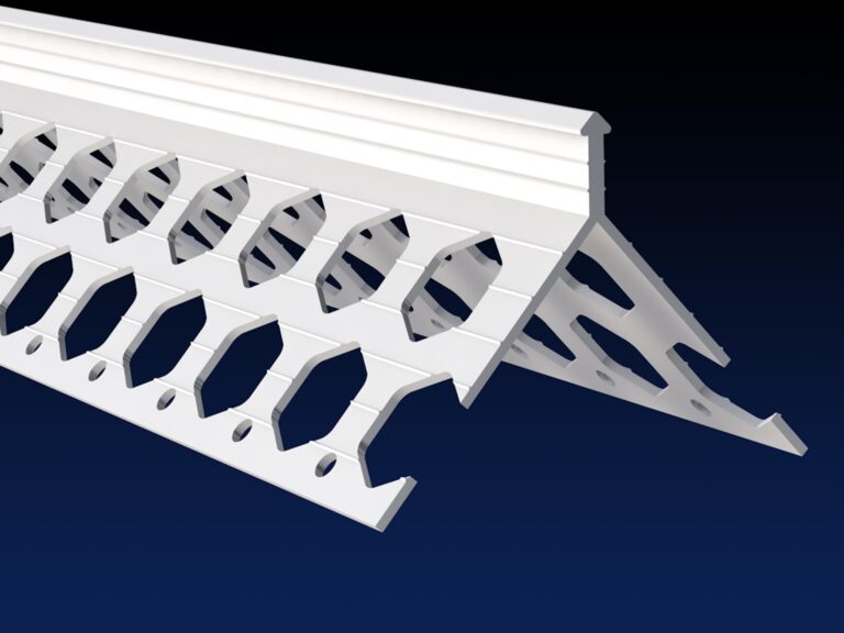 Close up rendered product image of 10mm white PVCu render corner bead on black and navy gradient background