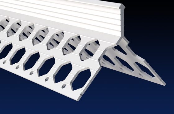 Close up rendered product image of 15mm white PVCu render corner bead on black and navy gradient background