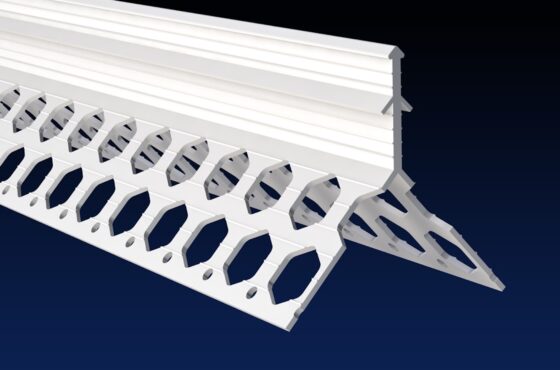 Close up rendered product image of 20mm white PVCu render corner bead on black and navy gradient background