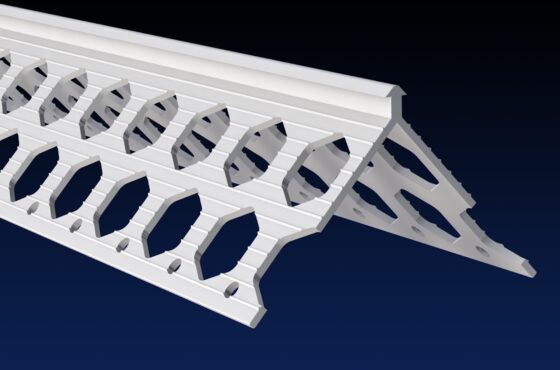 Close up rendered product image of 4mm white PVCu render corner bead on black and navy gradient background