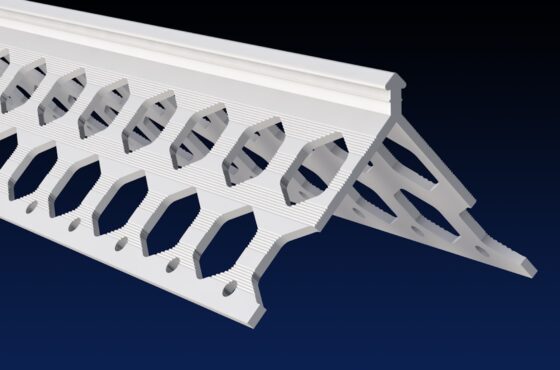 Close up rendered product image of 6mm white PVCu render corner bead on black and navy gradient background