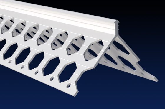 Close up rendered product image of 8mm white PVCu render corner bead on black and navy gradient background