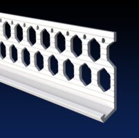 Close up rendered product image of 10mm white PVCu render bellcast bead on black and navy gradient background