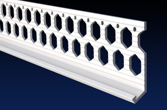 Close up rendered product image of 10mm white PVCu render bellcast bead on black and navy gradient background