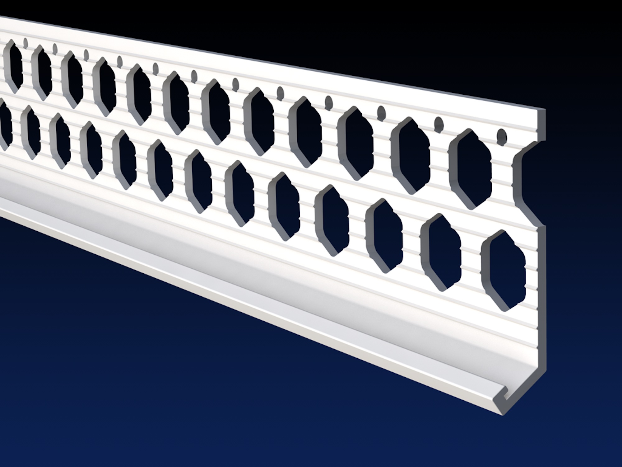 Close up rendered product image of 10mm white PVCu render bellcast bead on black and navy gradient background