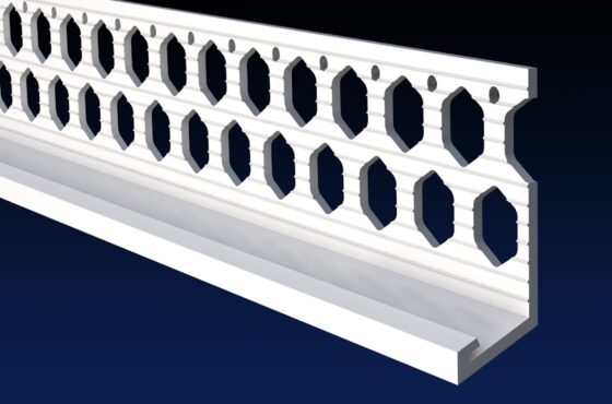 Close up rendered product image of 15mm white PVCu render bellcast bead on black and navy gradient background