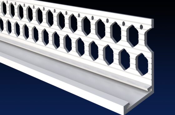 Close up rendered product image of 20mm white PVCu render bellcast bead on black and navy gradient background