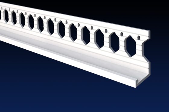 Close up rendered product image of 9mm white PVCu render bellcast bead on black and navy gradient background