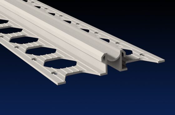 Close up rendered product image of 10mm dove grey PVCu render expansion joint bead on black and navy gradient background