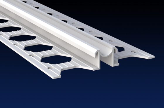 Close up rendered product image of 10mm white PVCu render expansion joint bead on black and navy gradient background