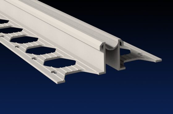 Close up rendered product image of 15mm dove grey PVCu render expansion joint bead on black and navy gradient background