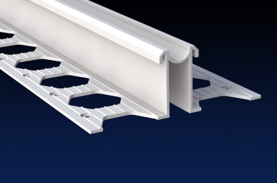 Close up rendered product image of 20mm white PVCu render expansion joint bead on black and navy gradient background