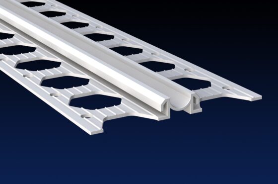 Close up rendered product image of 6mm white PVCu render expansion joint bead on black and navy gradient background