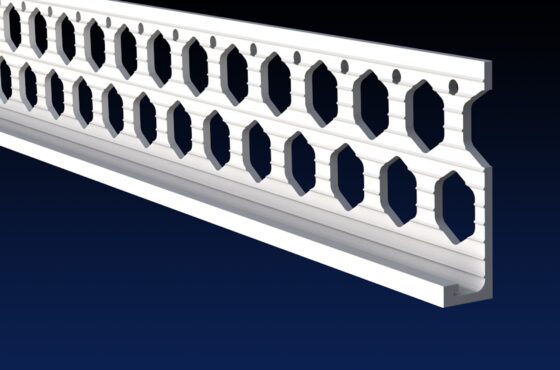 Close up rendered product image of 10mm white PVCu render stop bead on black and navy gradient background