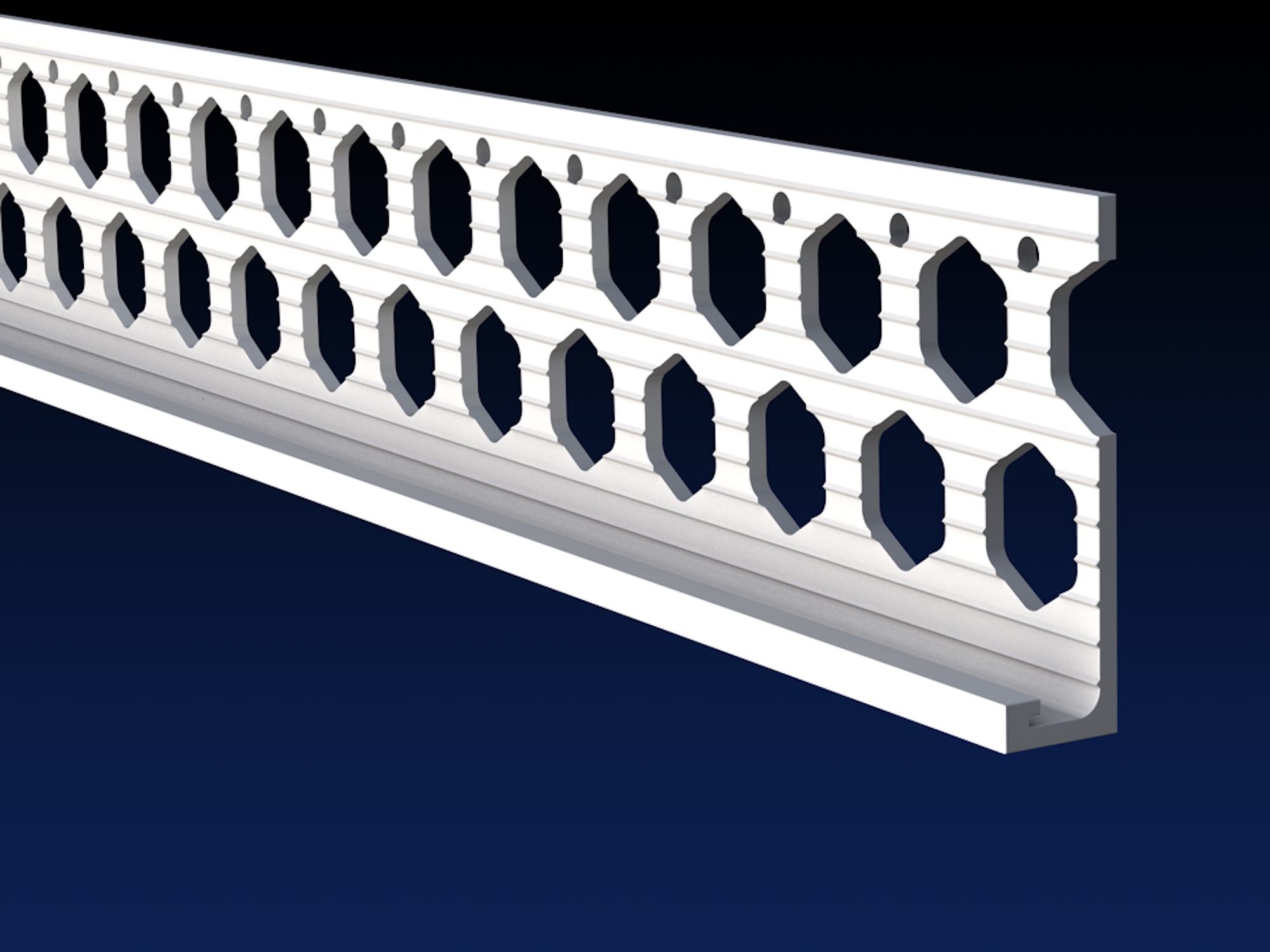 Close up rendered product image of 10mm white PVCu render stop bead on black and navy gradient background
