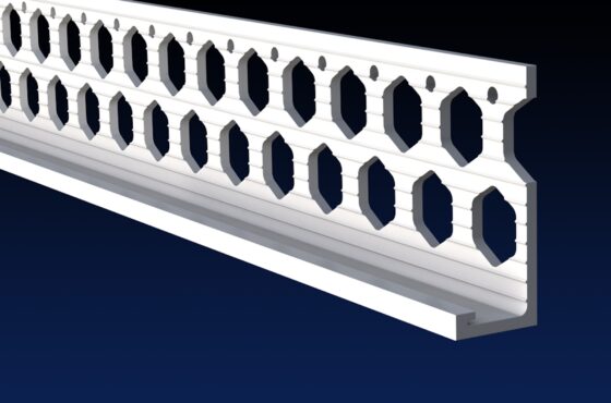 Close up rendered product image of 15mm white PVCu render stop bead on black and navy gradient background