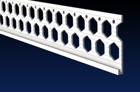 Close up rendered product image of 4mm white PVCu render stop bead on black and navy gradient background