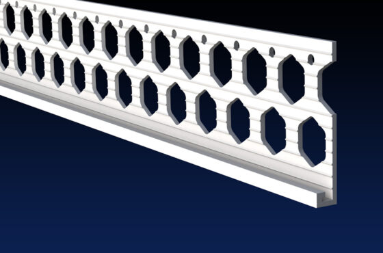 Close up rendered product image of 6mm white PVCu render stop bead on black and navy gradient background