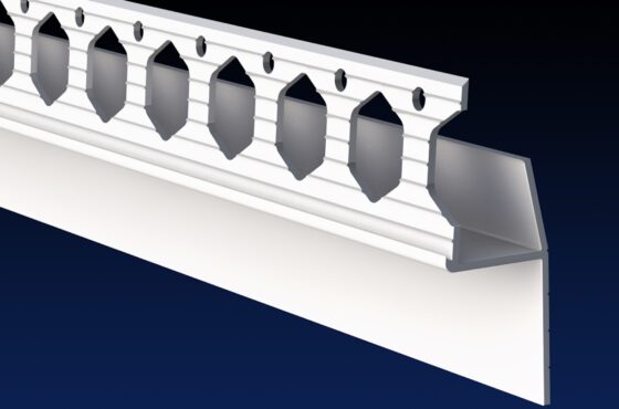 Close up rendered product image of 20mm white shadow gap bead, on black and navy gradient background