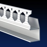 Close up rendered product image of 15mm white shadow gap bead, on black and navy gradient background