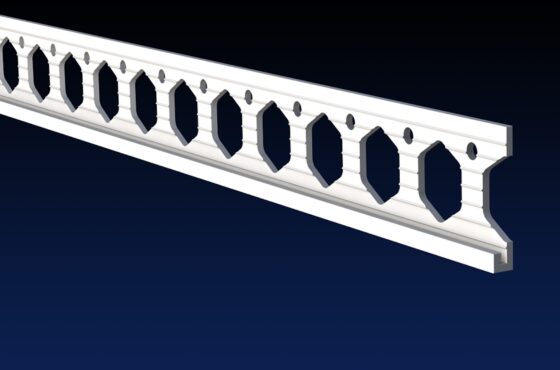 Close up rendered product image of 4mm white PVCu plasterboard stop bead on black and navy gradient background