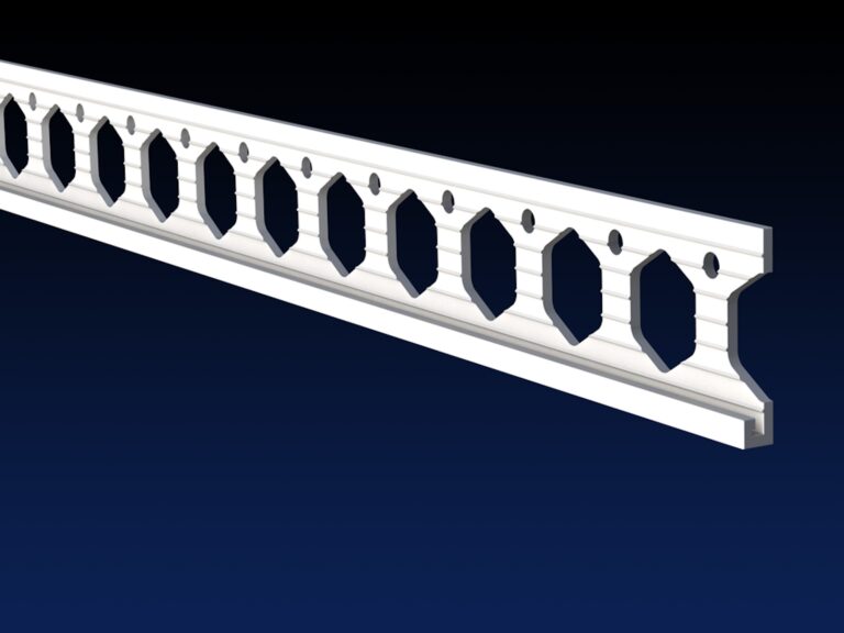 Close up rendered product image of 4mm white PVCu plasterboard stop bead on black and navy gradient background