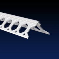 Close up rendered product image of 2mm white PVCu angle bead on black and navy gradient background