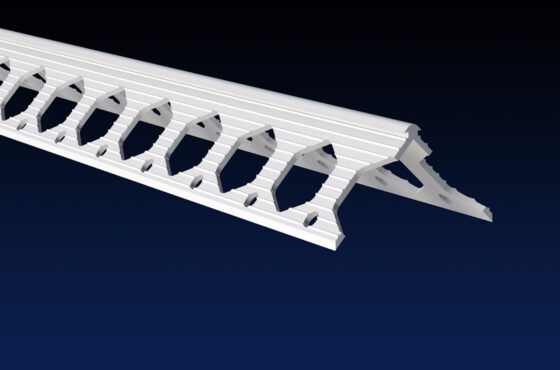 Close up rendered product image of 2mm white PVCu angle bead on black and navy gradient background