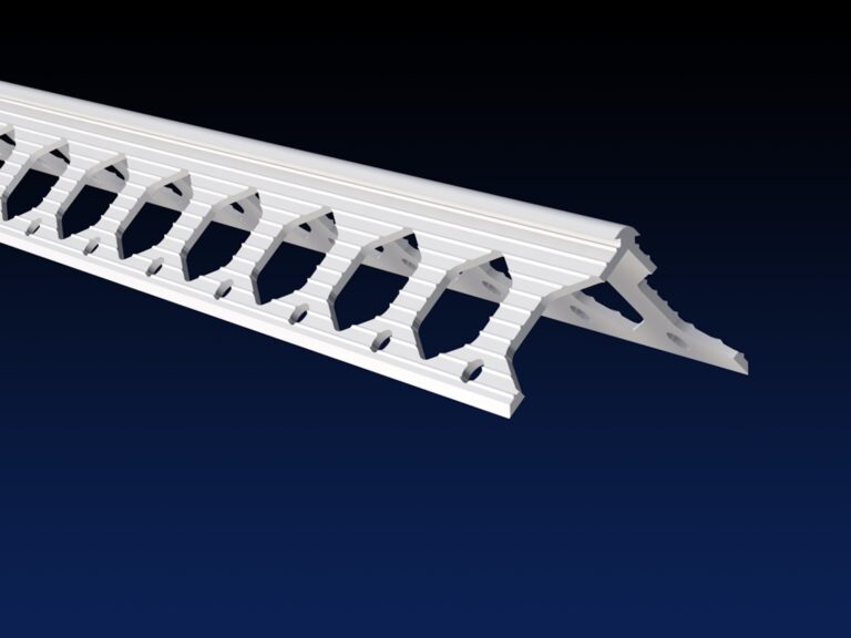 Close up rendered product image of 2mm white PVCu angle bead on black and navy gradient background