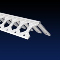 Close up rendered product image of white angle bead on black and navy gradient background