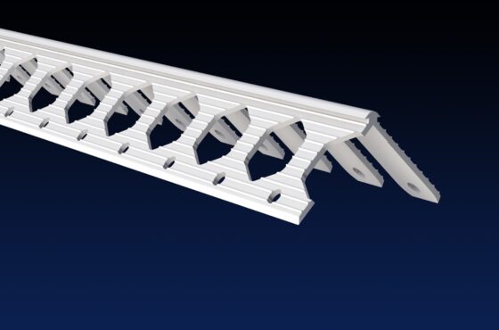 Close up rendered product image of white angle bead on black and navy gradient background