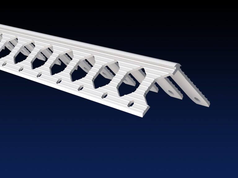 Close up rendered product image of white angle bead on black and navy gradient background